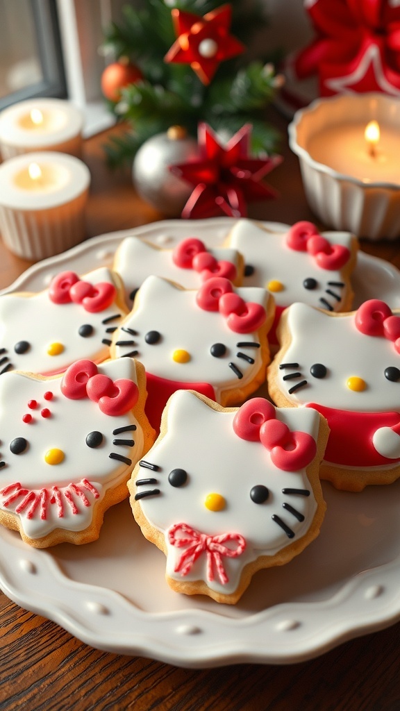 A festive plate of Hello Kitty Christmas cookies decorated with royal icing and sprinkles.